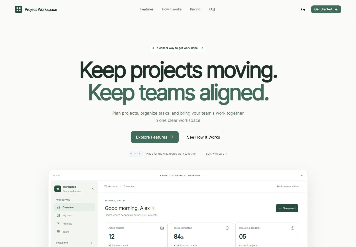Project Workspace landing page with a workspace dashboard preview.